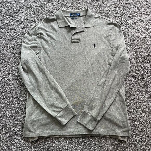 Polo Ralph Lauren Long Sleeved Polo Shirt Grey Cotton Embroidered Logo Size L - Picture 1 of 6